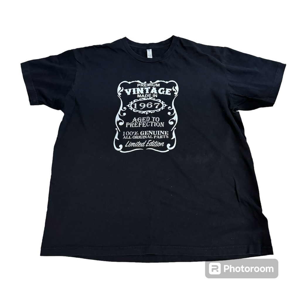 Black short sleeved T shirt, "Premium Vintage Made in 1967" spell out, XL.